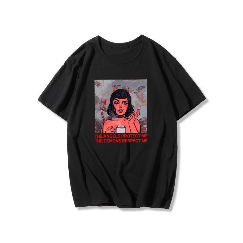 THE ANGELS PROTECT ME THE DEMONS RESPECT ME Aesthetic Red Demon Tee Shirt