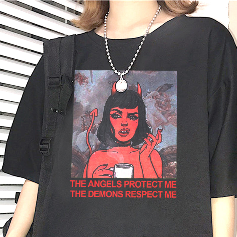 THE ANGELS PROTECT ME THE DEMONS RESPECT ME Aesthetic Red Demon Tee Shirt