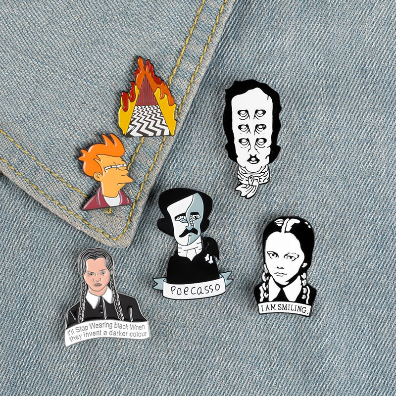 Movie Role Enamel Edgar Allan Poe Wednesday Fry Jewelry Enamel Pin