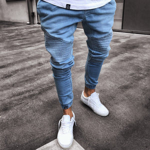 2018 New Fahsion Mens Harem Pants Stretchy Ripped Biker Jeans Elastic Waist Destroyed Taped Slim Fit Denim Long Pant Harems - BernardoModa