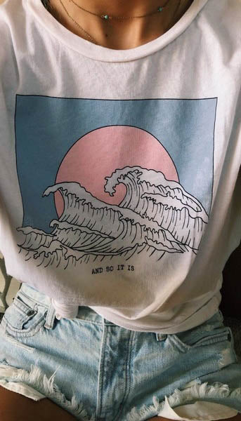 And So It Is Ocean Wave Aesthetic Tumblr 90s White Tee T-Shirt Cute Summer Top - BernardoModa